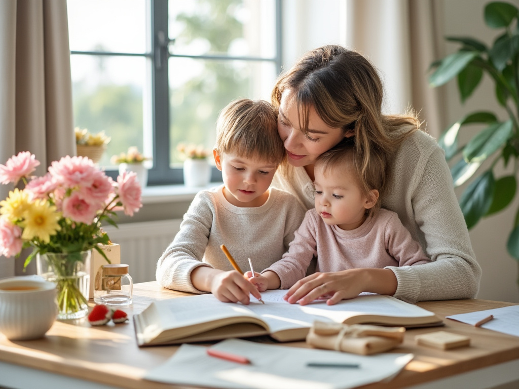 Madre con dos hijos pequeños estudiando juntos en una mesa, rodeados de libros y flores, en un ambiente luminoso.