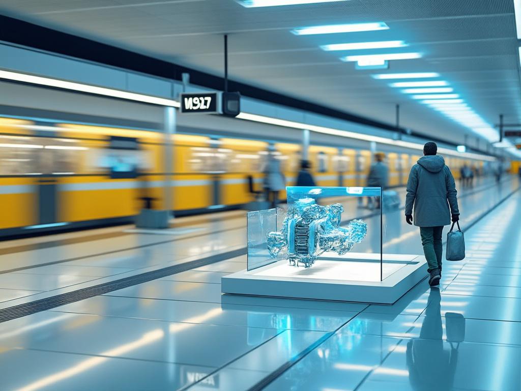 Persona caminando por un andén de metro futurista con tren amarillo en movimiento y una exhibición de motor transparente.