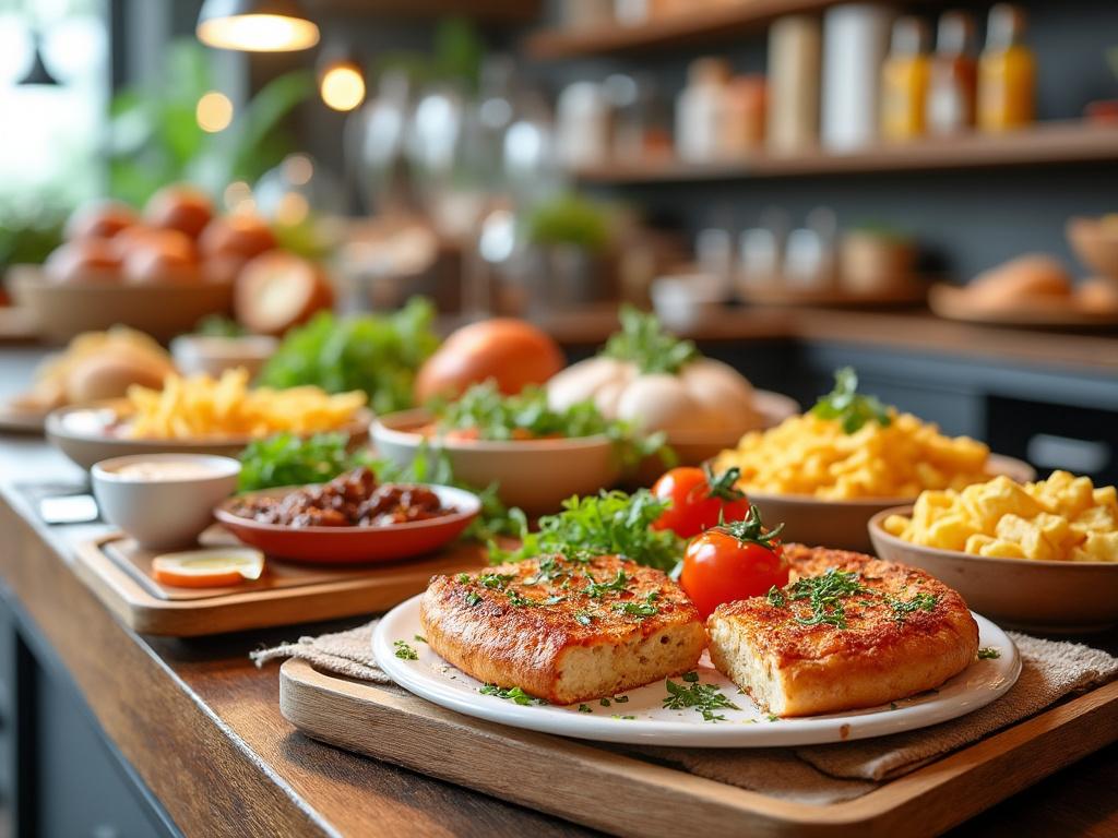 Imagen de una mesa llena de guarniciones variadas con una tortilla de papas al frente, rodeada de ingredientes frescos y coloridos en un ambiente de cocina acogedor. Imagen de una mesa llena de guarniciones variadas con una tortilla de papas al frente, rodeada de ingredientes frescos y coloridos en un ambiente de cocina acogedor.