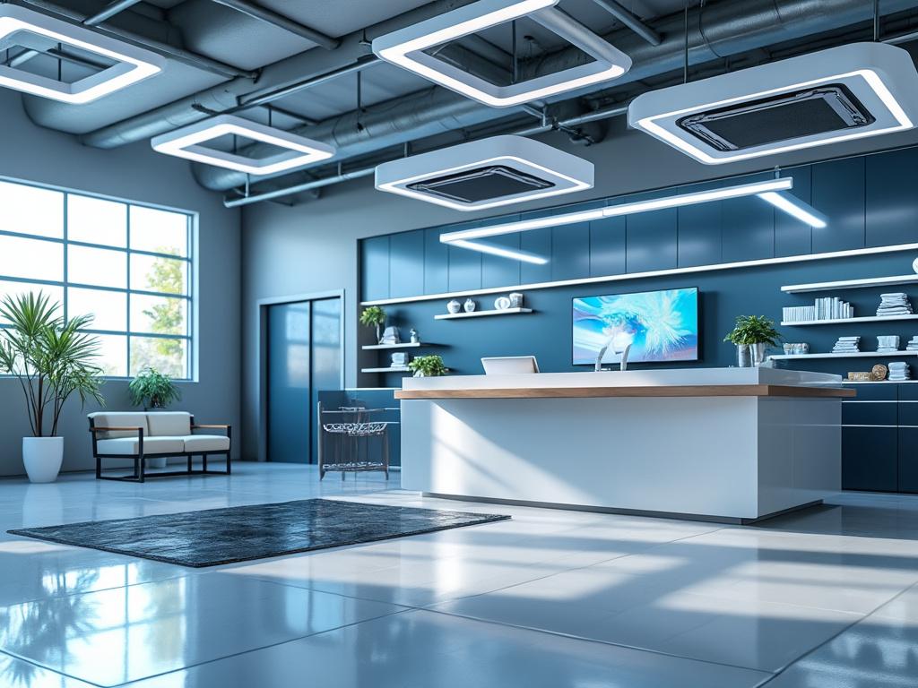 Moderna oficina con iluminación LED, suelo de cerámica, y plantas decorativas.