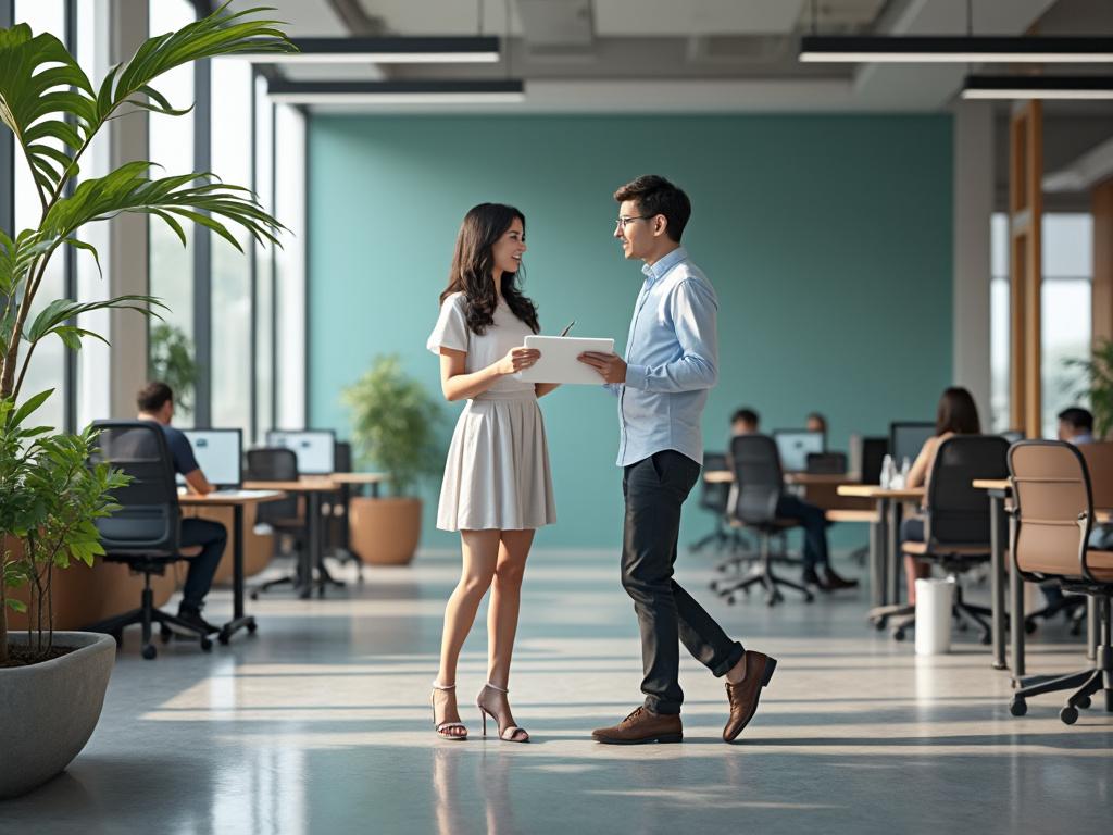 Dos personas conversando en una oficina moderna con escritorios y plantas, luz natural y ambiente colaborativo.