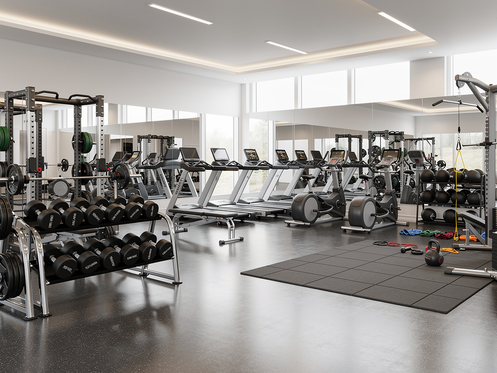 Gimnasio moderno con cintas de correr, pesas, bicicletas estáticas y zona de entrenamiento funcional Gimnasio moderno con cintas de correr, pesas, bicicletas estáticas y zona de entrenamiento funcional
