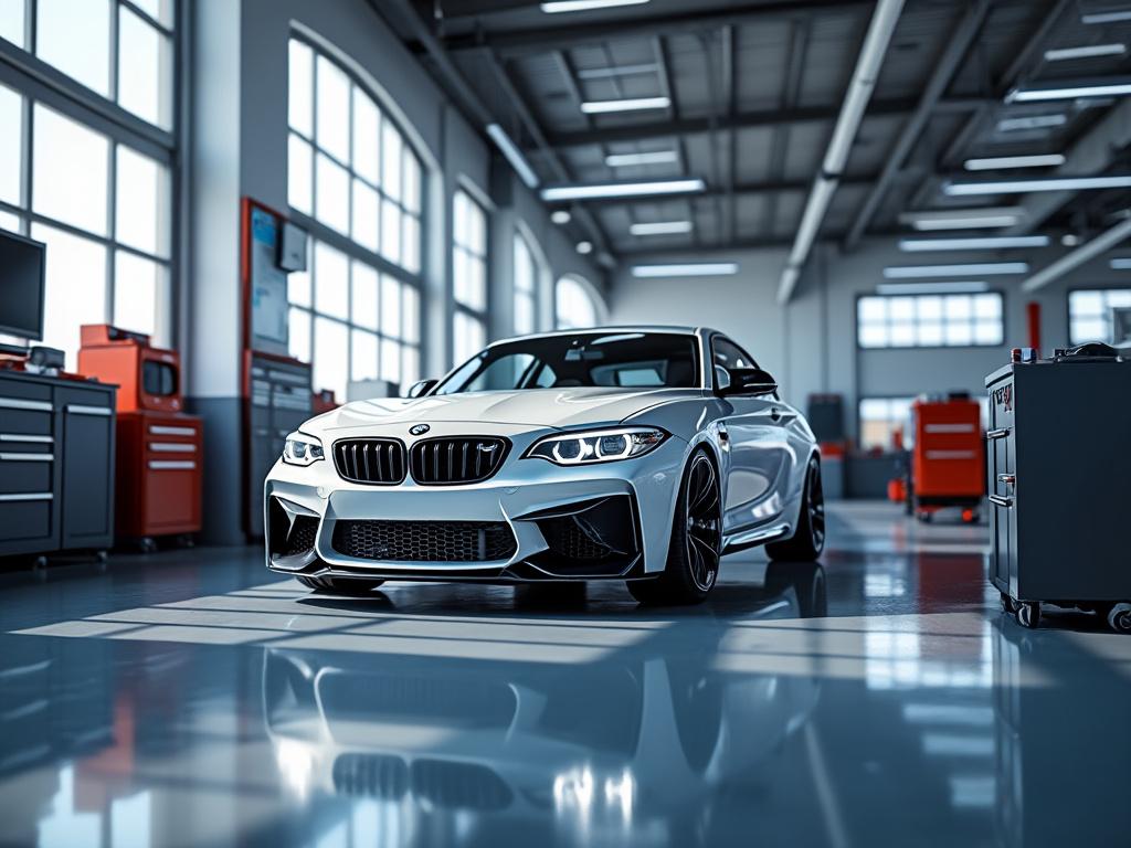 White sports car parked inside a modern automotive garage with equipment and large windows.
