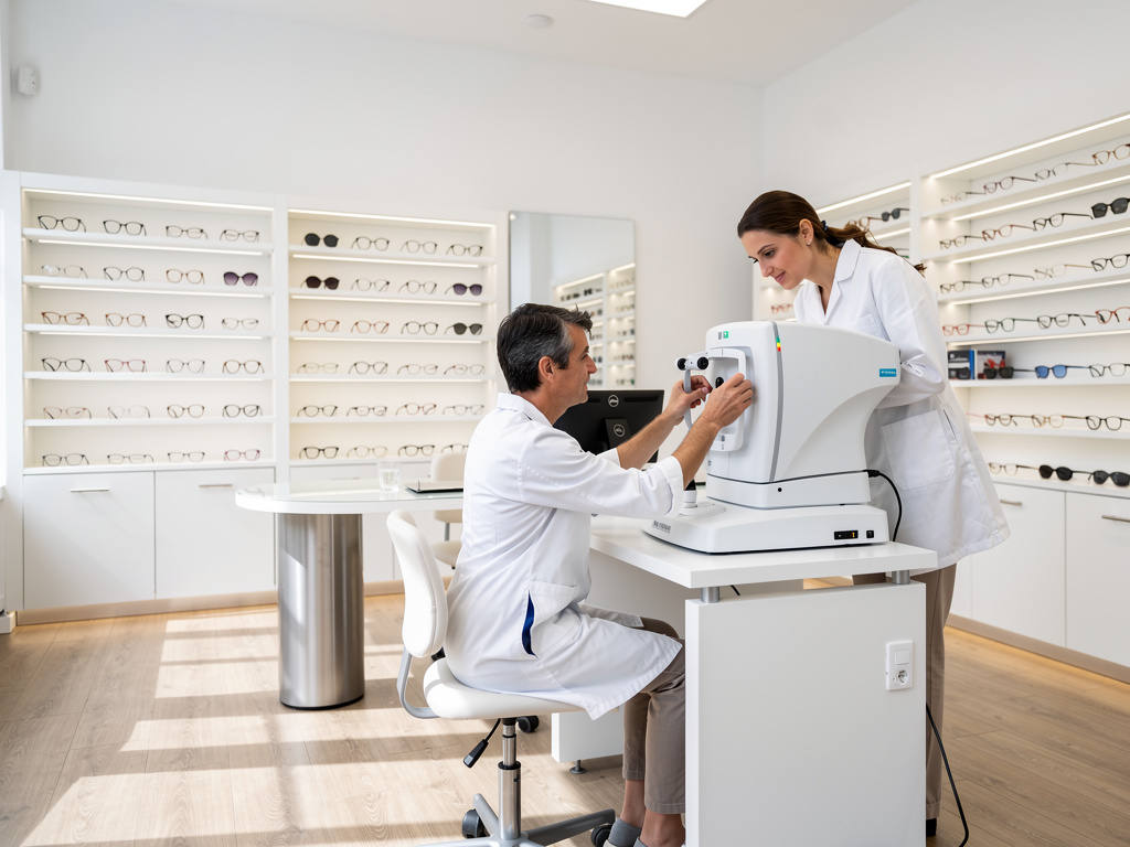 Optometristas realizando examen de la vista con equipo oftalmológico en óptica moderna con gafas en exhibición