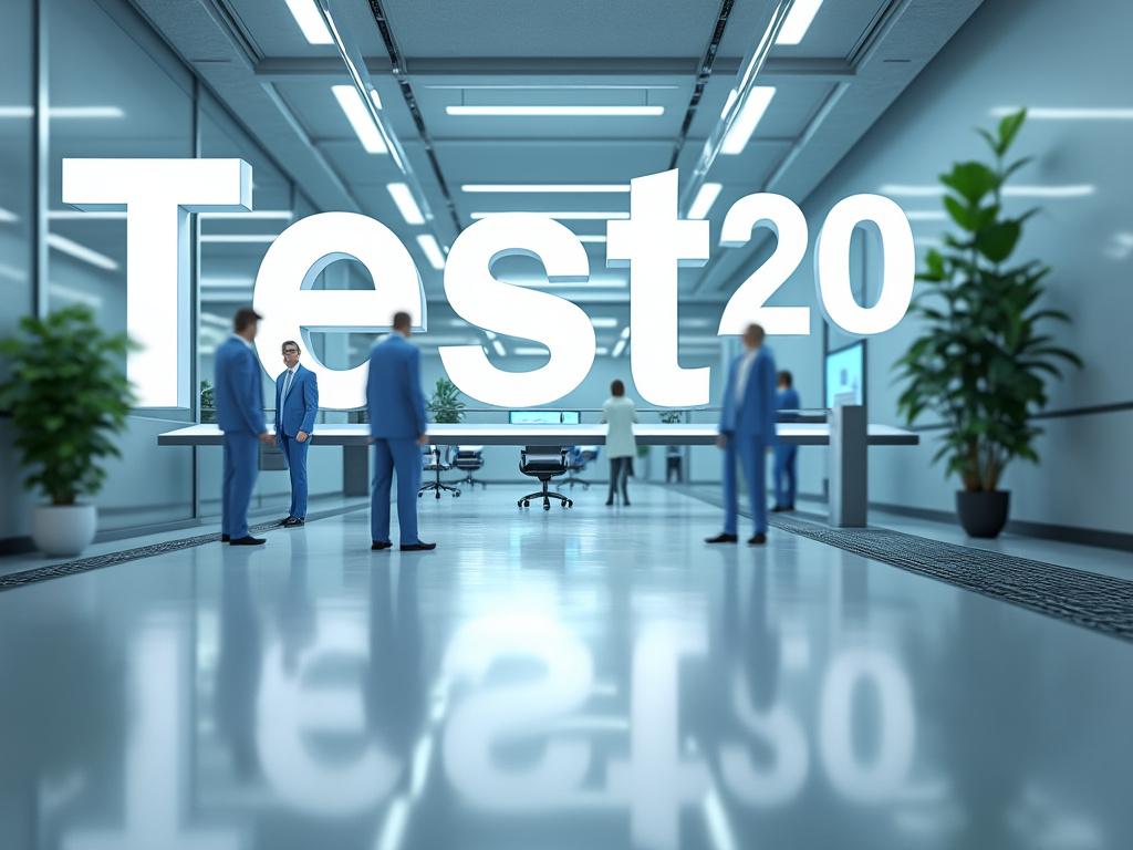 Modern office interior with large 'Test 20' sign, several people in suits, and greenery.