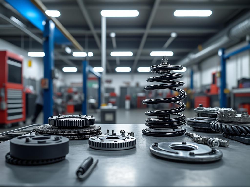 Piezas de automóvil sobre una mesa en un taller mecánico moderno con resorte de suspensión y engranajes.