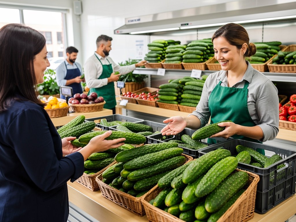 Cliente y empleada seleccionan pepinos frescos en una tienda de frutas y verduras