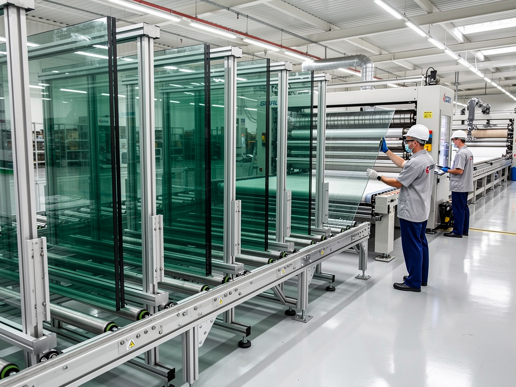 Trabajadores inspeccionan paneles de vidrio en línea de producción industrial automatizada