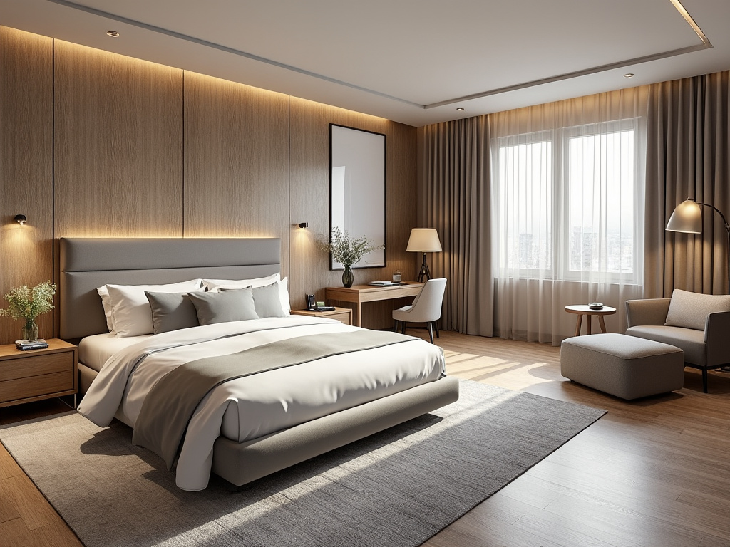 Habitación moderna con cama doble, decoración en tonos neutros, iluminación suave y escritorio junto a una ventana grande.