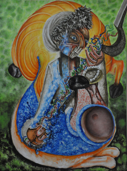 Akhu Pema & Me- Obeisance
acrylic on canvas 36 X 50 inches