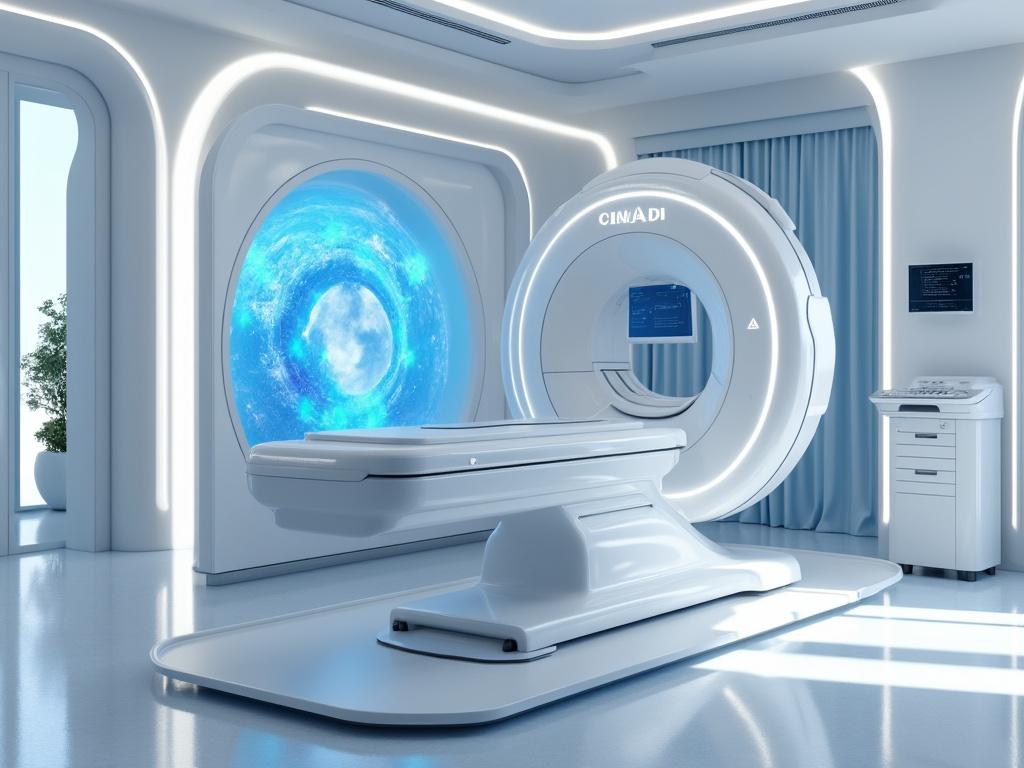 Sala de resonancia magnética futurista con iluminación brillante y máquina avanzada.