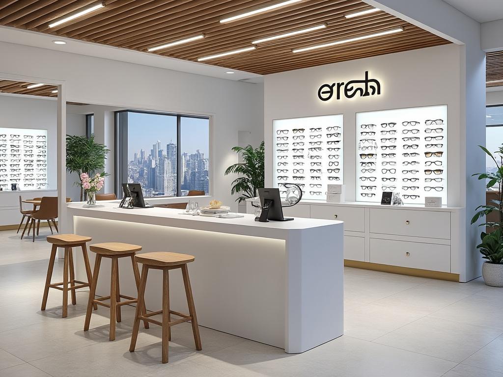 Interior de tienda de gafas moderna con mostrador blanco, taburetes de madera y pared de exhibición iluminada; vista de ciudad al fondo.