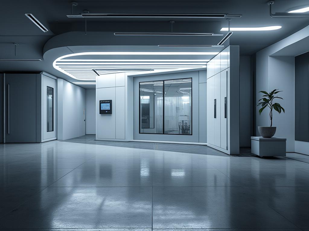 Espacio interior moderno con iluminación LED y planta decorativa, estilo futurista.