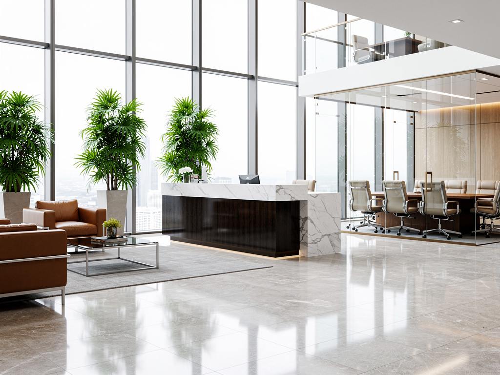 Recepción de oficina moderna con ventanales, plantas, sofás de cuero y sala de reuniones acristalada