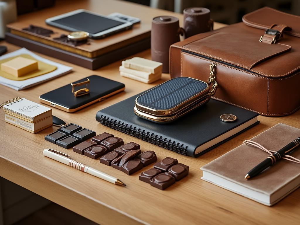Stylish office desk setup with leather bag, notebooks, smartphone, pen, and chocolate pieces on a wooden surface. Stylish office desk setup with leather bag, notebooks, smartphone, pen, and chocolate pieces on a wooden surface.