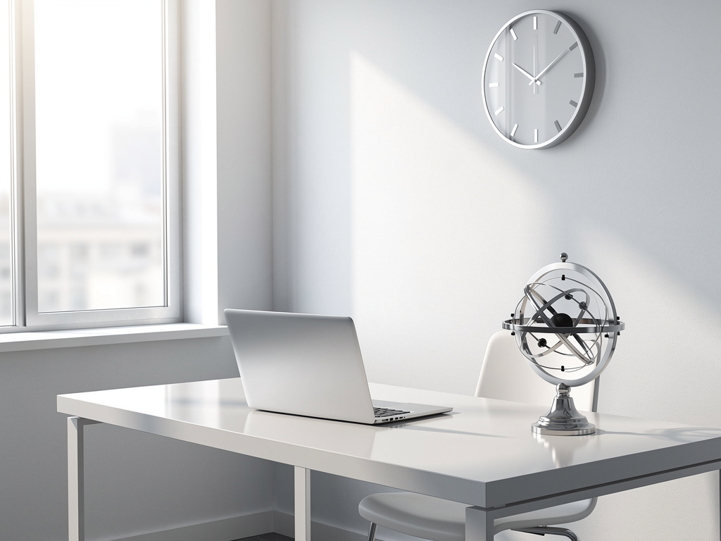 Oficina minimalista con portátil en escritorio blanco, reloj de pared y esfera armilar junto a ventana luminosa