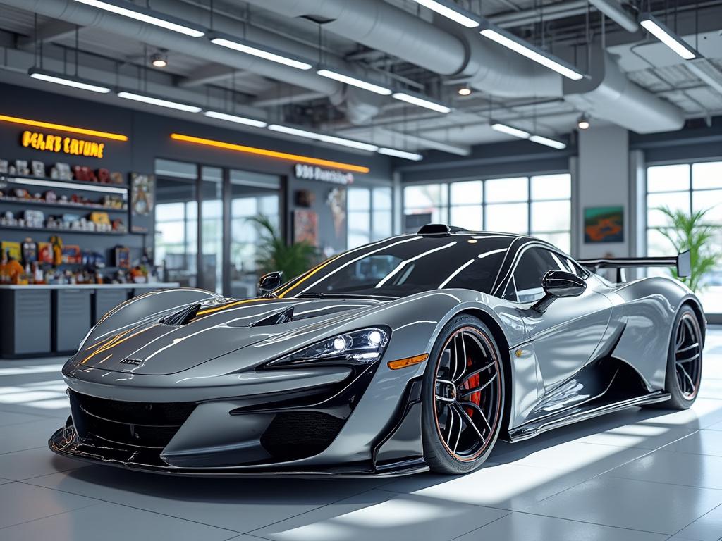 Coche deportivo plateado de lujo en un moderno concesionario con iluminación brillante y decoración contemporánea.
