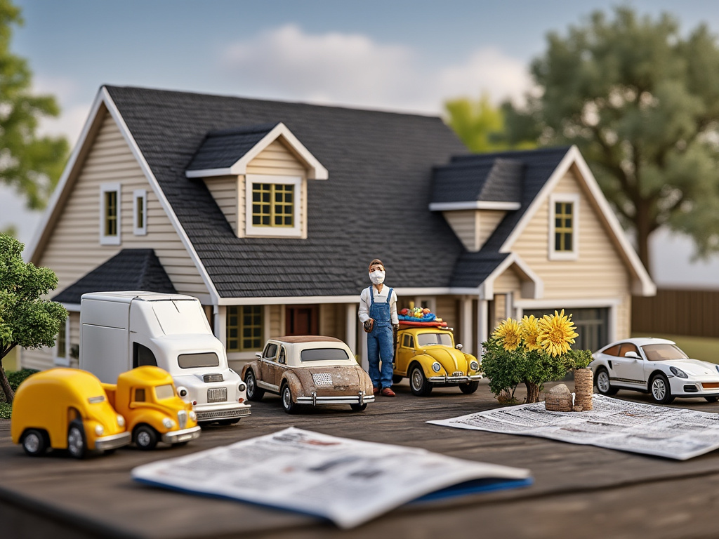 Miniature home with toy cars and figure on table, surrounded by trees and flowers.
