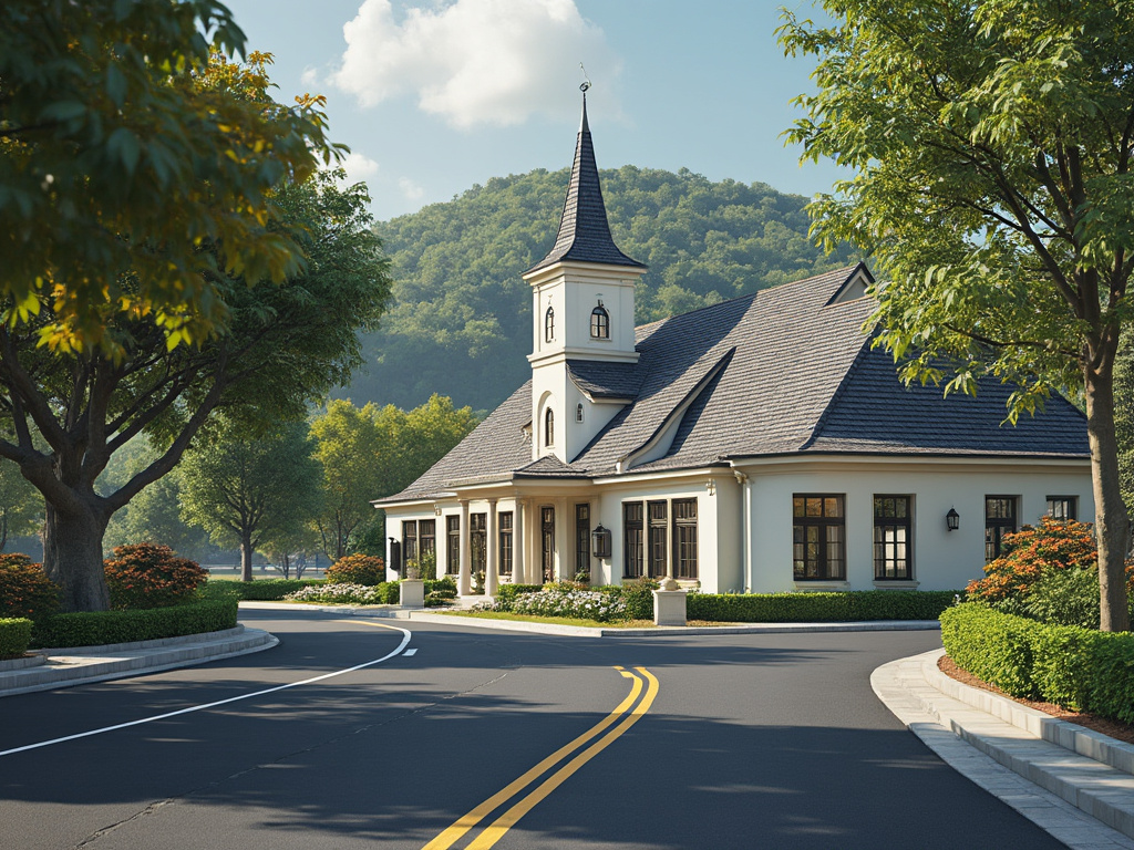 Edificio de iglesia con campanario, rodeado de árboles y montañas, en un entorno urbano tranquilo y soleado.