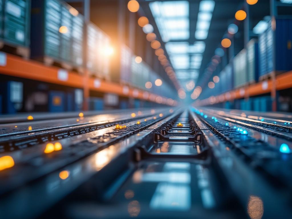 Vista de una estación de tren moderna con rieles iluminados y contenedores en estanterías al fondo.