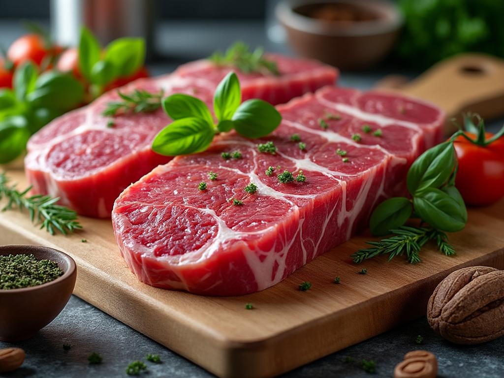 Filetes de carne cruda con hierbas frescas sobre tabla de corte de madera, rodeados de tomates, nueces y hojas verdes.
