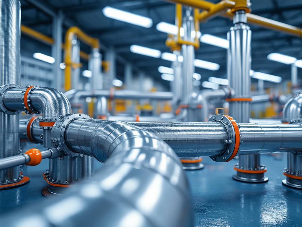 Complejo sistema de tuberías industriales de acero inoxidable con uniones de color naranja en un entorno de fábrica moderna bien iluminada.