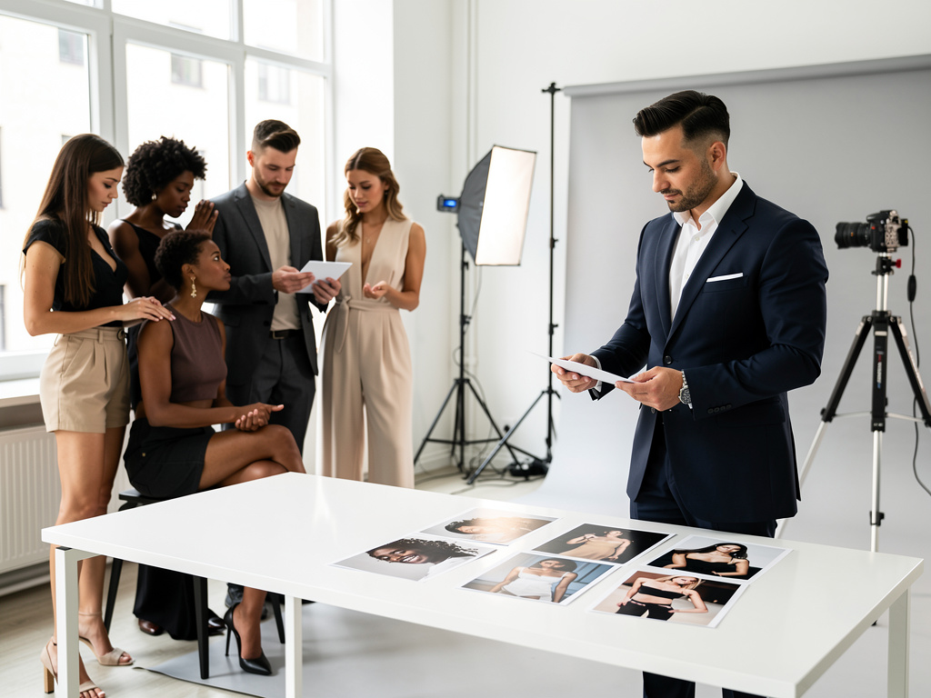 Fashion casting director reviewing model portfolio photos in a professional studio with diverse models and photography equipment