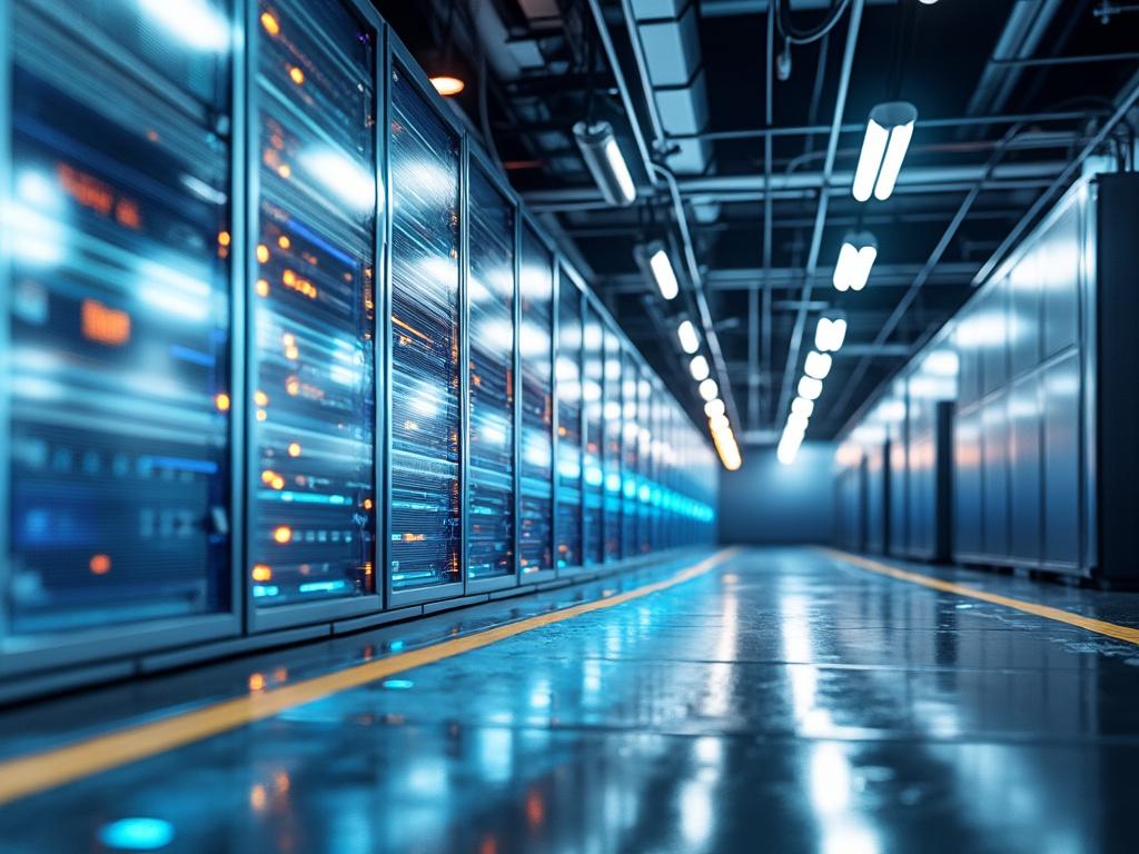 Pasillo de un centro de datos con servidores iluminados y techo con luces. Pasillo de un centro de datos con servidores iluminados y techo con luces.