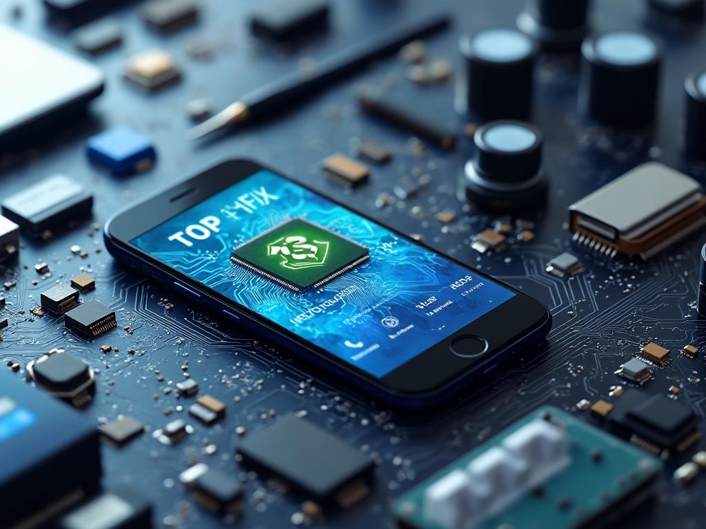 Teléfono inteligente sobre placa base con aplicación de seguridad en pantalla
