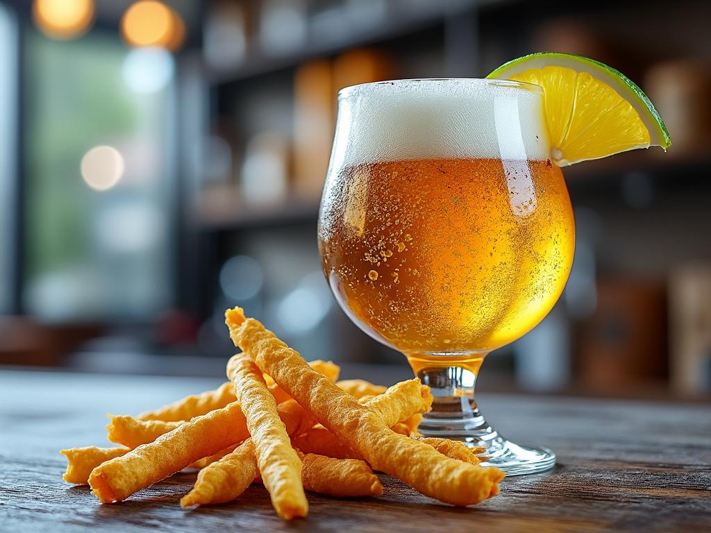 Cerveza servida en copa con rodaja de limón y aperitivos crujientes sobre madera.
