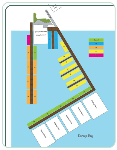 Map of moorage spaces at Marina at McInnes Dock. Map of moorage spaces at Marina at McInnes Dock.