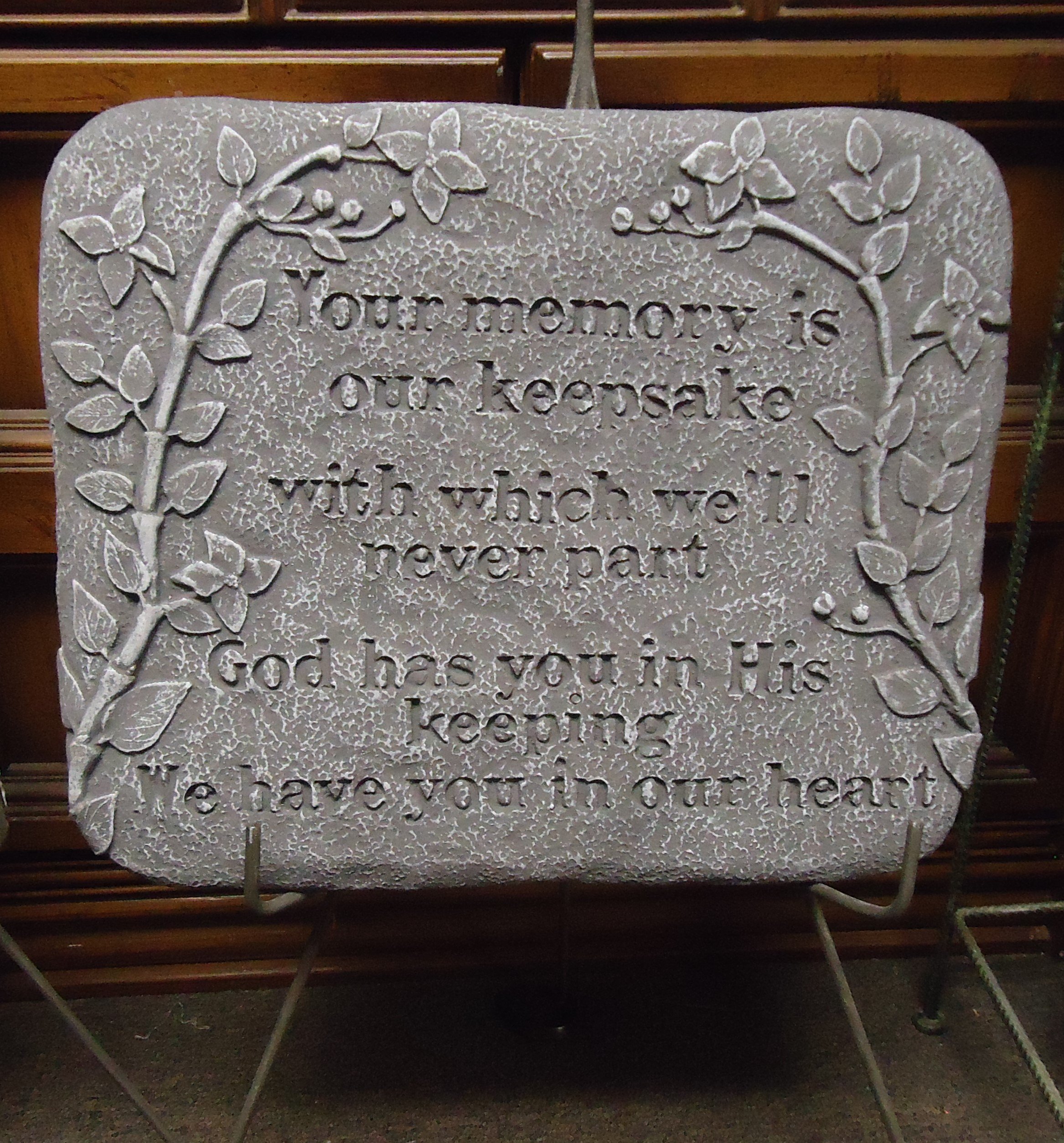 (SORRY OUT OF STOCK!!)
(64) "Concrete Memorial Stone On Easel
(Your Memory Is Our Keepsake)
$65.00