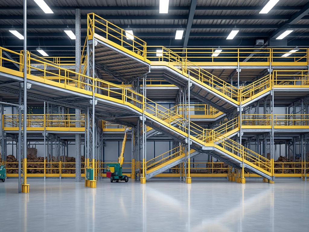 Interior de un almacén con estructuras metálicas y barandillas amarillas, estanterías y equipos de manutención en el piso.