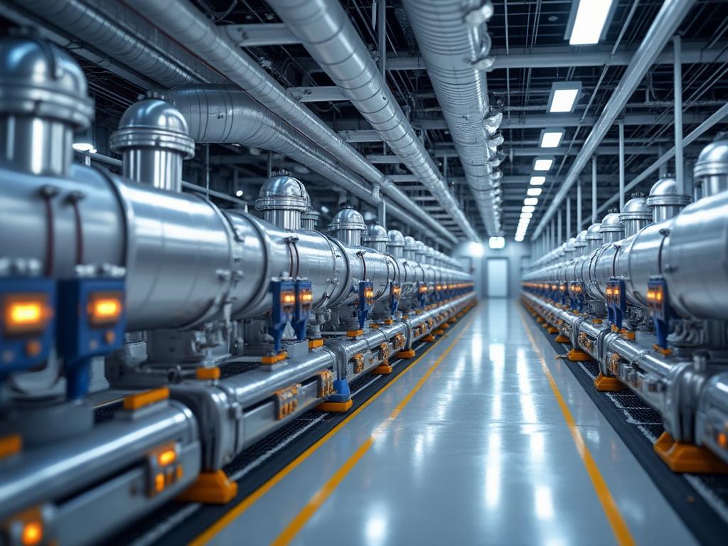 Interior de una planta industrial con tuberías metálicas y equipos técnicos.