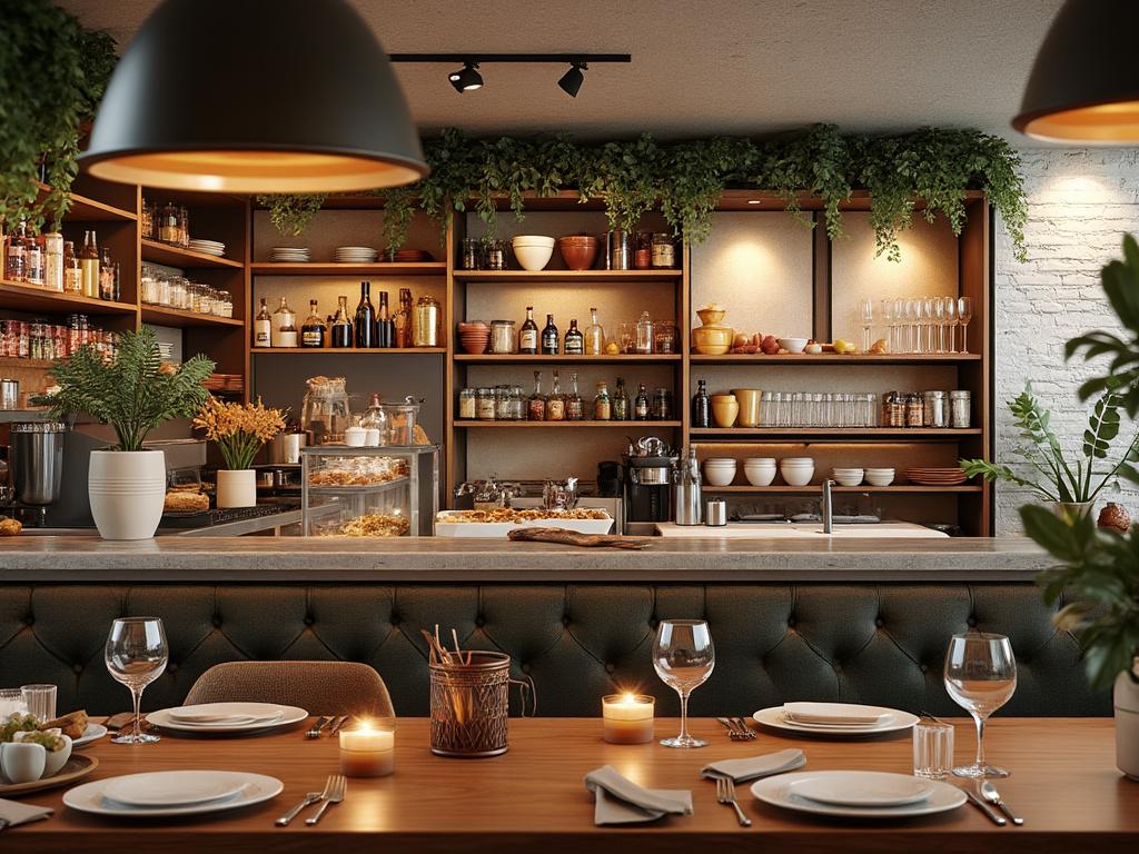 Interior de un restaurante moderno con decoración de plantas, estanterías con botellas y vajilla, mesa puesta con copas y velas.