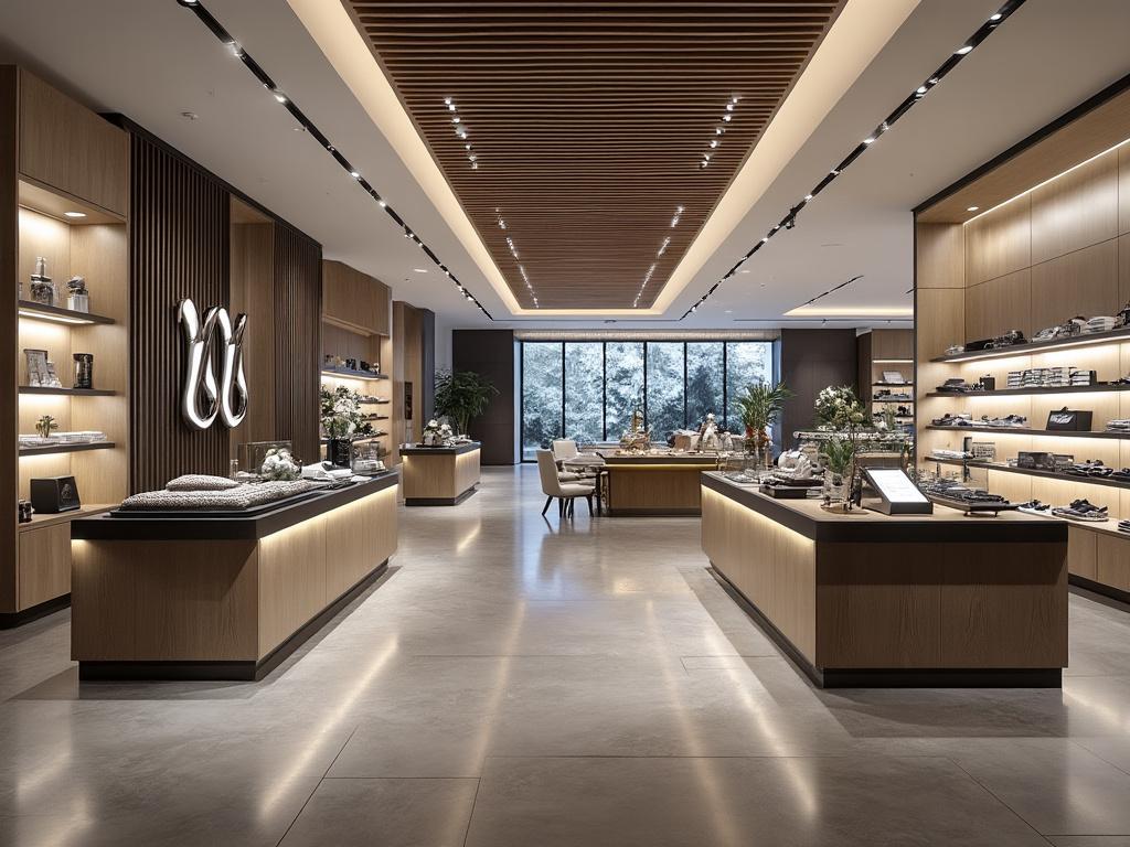 Interior de una tienda moderna con iluminación cálida, estanterías de madera y productos de lujo, frente a ventanas grandes que muestran un paisaje exterior nevado. Interior de una tienda moderna con iluminación cálida, estanterías de madera y productos de lujo, frente a ventanas grandes que muestran un paisaje exterior nevado.