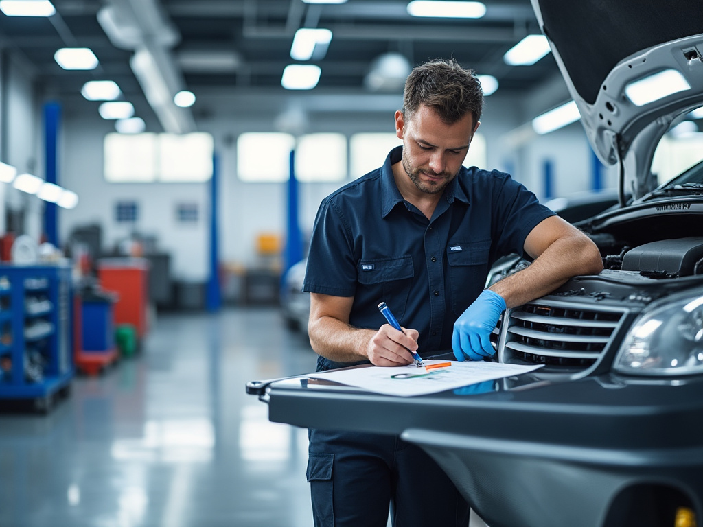 Male mechanic in a blue uniform working in an auto repair shop, examining a car engine with an open hood and taking notes on a clipboard.