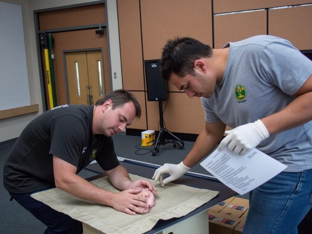 Two men in a classroom practicing medical procedures on a dummy hand, one reading instructions, both wearing gloves. Two men in a classroom practicing medical procedures on a dummy hand, one reading instructions, both wearing gloves.