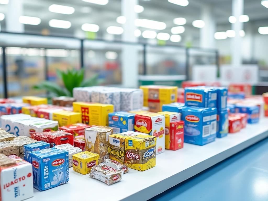 Exhibición de múltiples paquetes de azúcar de diversas marcas en una tienda bien iluminada. Exhibición de múltiples paquetes de azúcar de diversas marcas en una tienda bien iluminada.