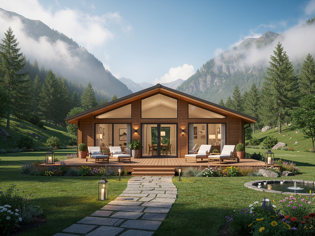 Cabaña moderna de madera en valle alpino con jardín, terraza y montañas entre niebla
