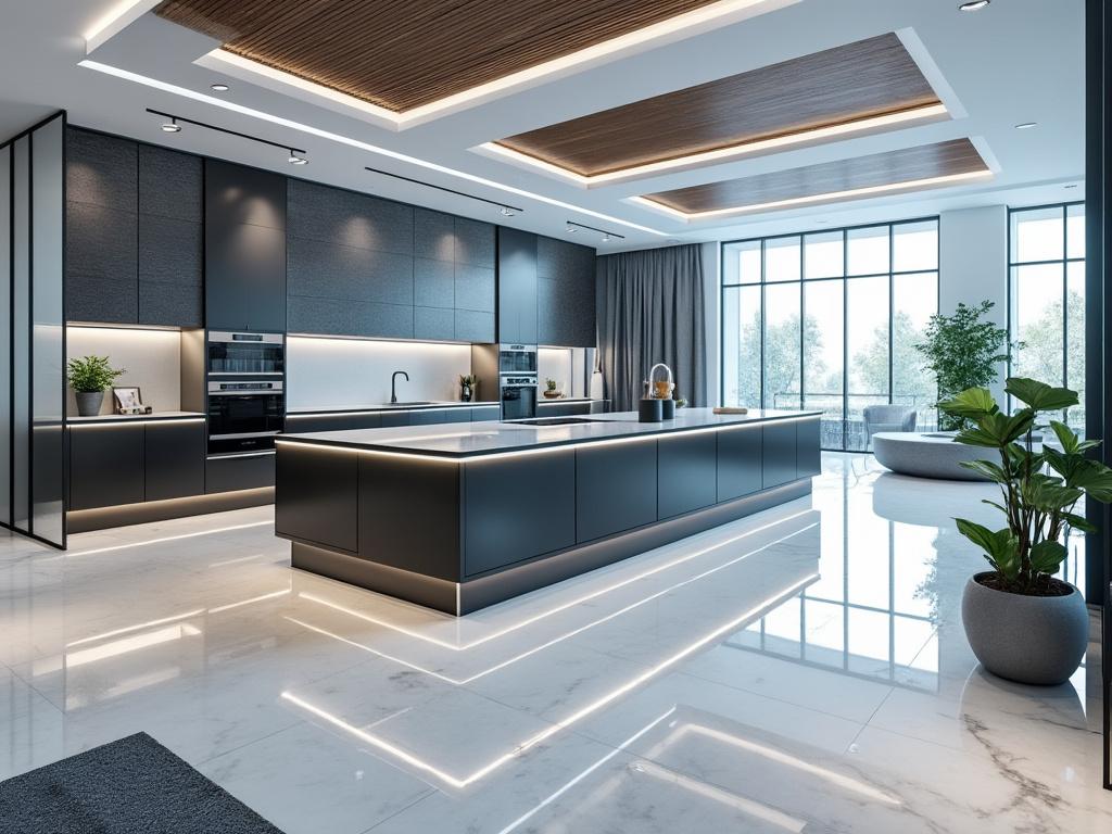 Cocina moderna con isla central negra, iluminación LED, suelo de mármol blanco y ventanales grandes con vistas al jardín.