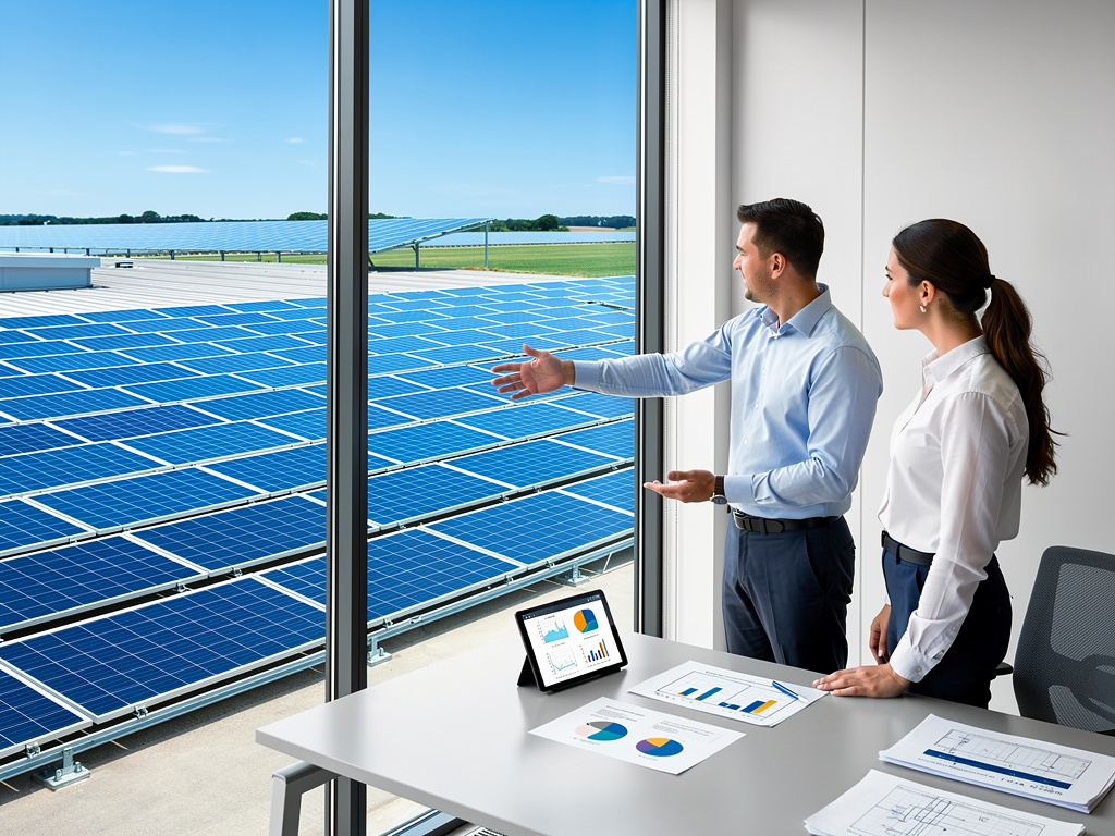 Business professionals reviewing rooftop solar panel installation from office window with energy analytics reports