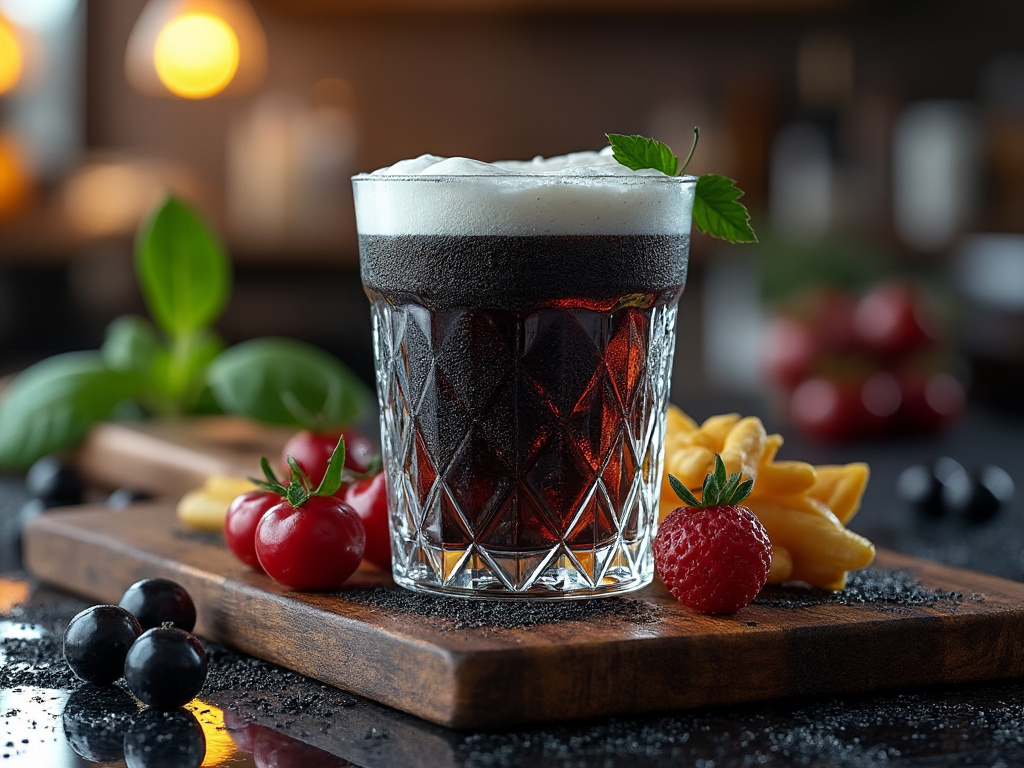 Vaso de bebida oscura espumosa en tablero de madera con tomates cherry, fresas y hojitas de albahaca.