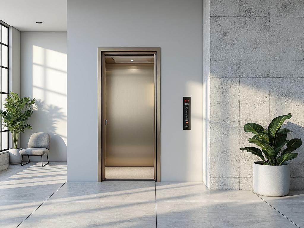 Modern minimalist elevator interior with sunlight, potted plants, and a sleek armchair.