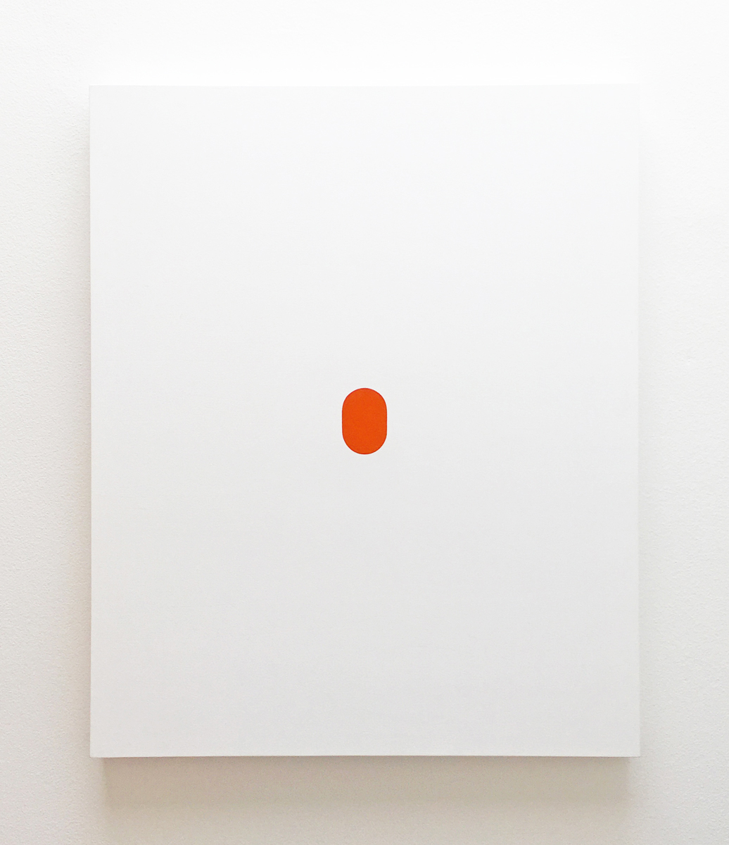 A small orange oval centered on a rectangular white background on panel.
