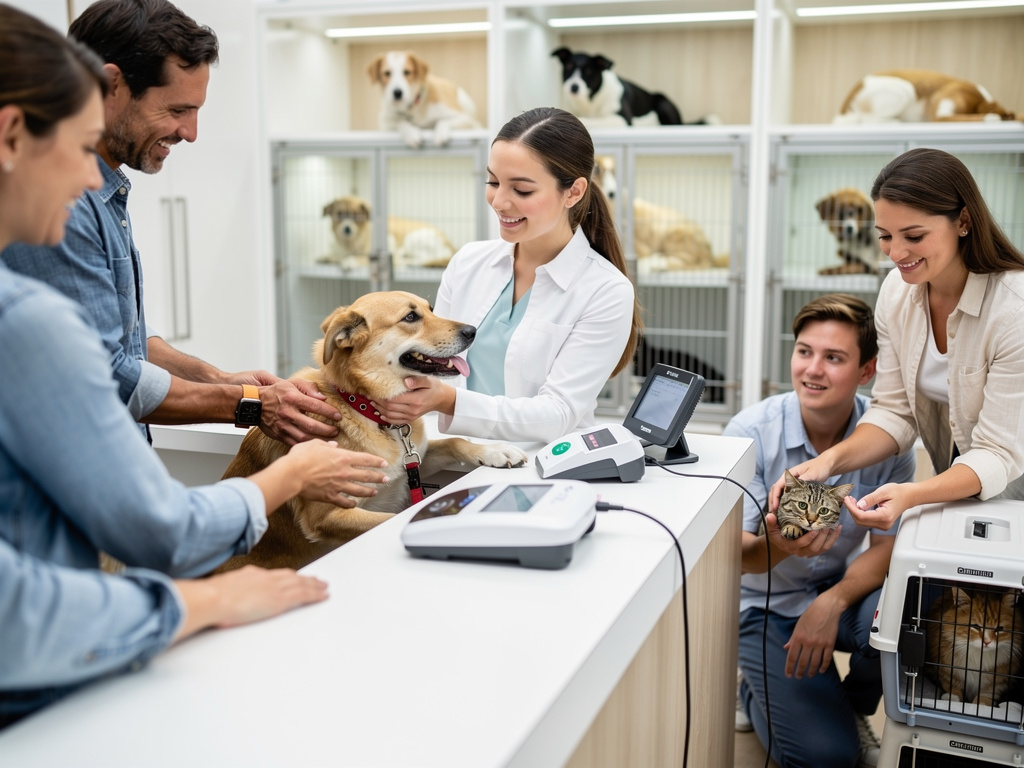 Veterinaria examinando perro en clínica veterinaria con dueños, gatos y mascotas en jaulas de fondo