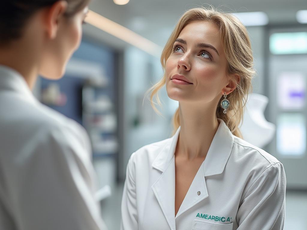 Dos mujeres médicas conversando en un entorno clínico, una mirando a la otra con una bata de laboratorio que dice 'AMEARBICA'.