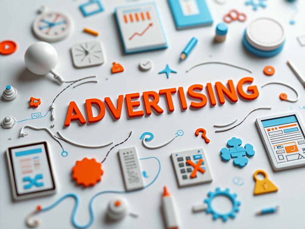 Texto 3D 'Advertising' rodeado de iconos relacionados con marketing y negocios en un diseño plano.
