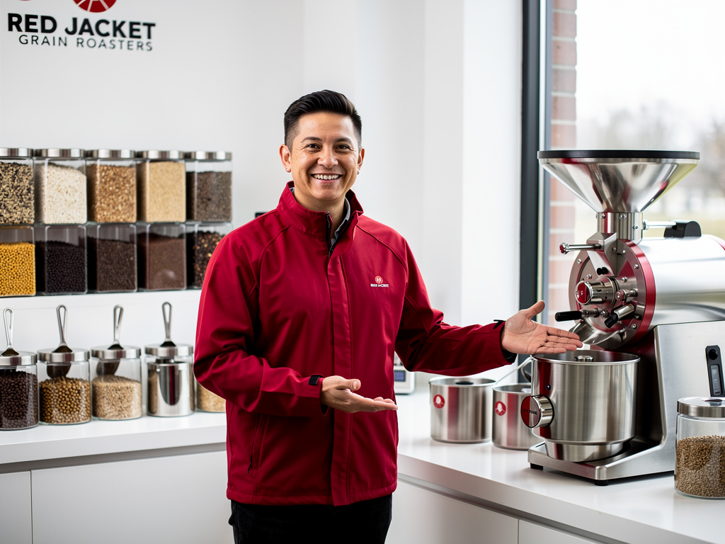 Red Jacket Grain Roasters employee showcasing a grain roasting machine in a modern grain processing showroom