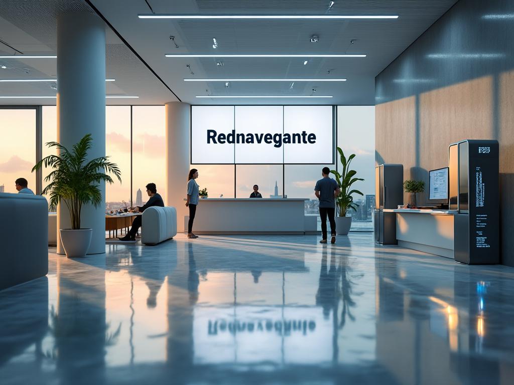 Oficina moderna al atardecer con logo de Rednavegante, personas trabajando y plantas decorativas.